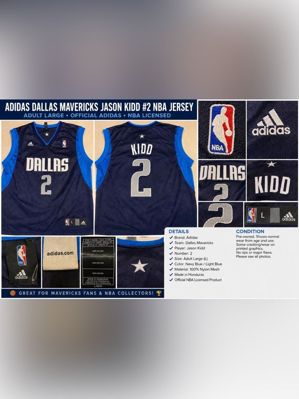 Adidas Navy Blue and Light Blue Dallas Mavericks Jason Kidd #2 Jersey